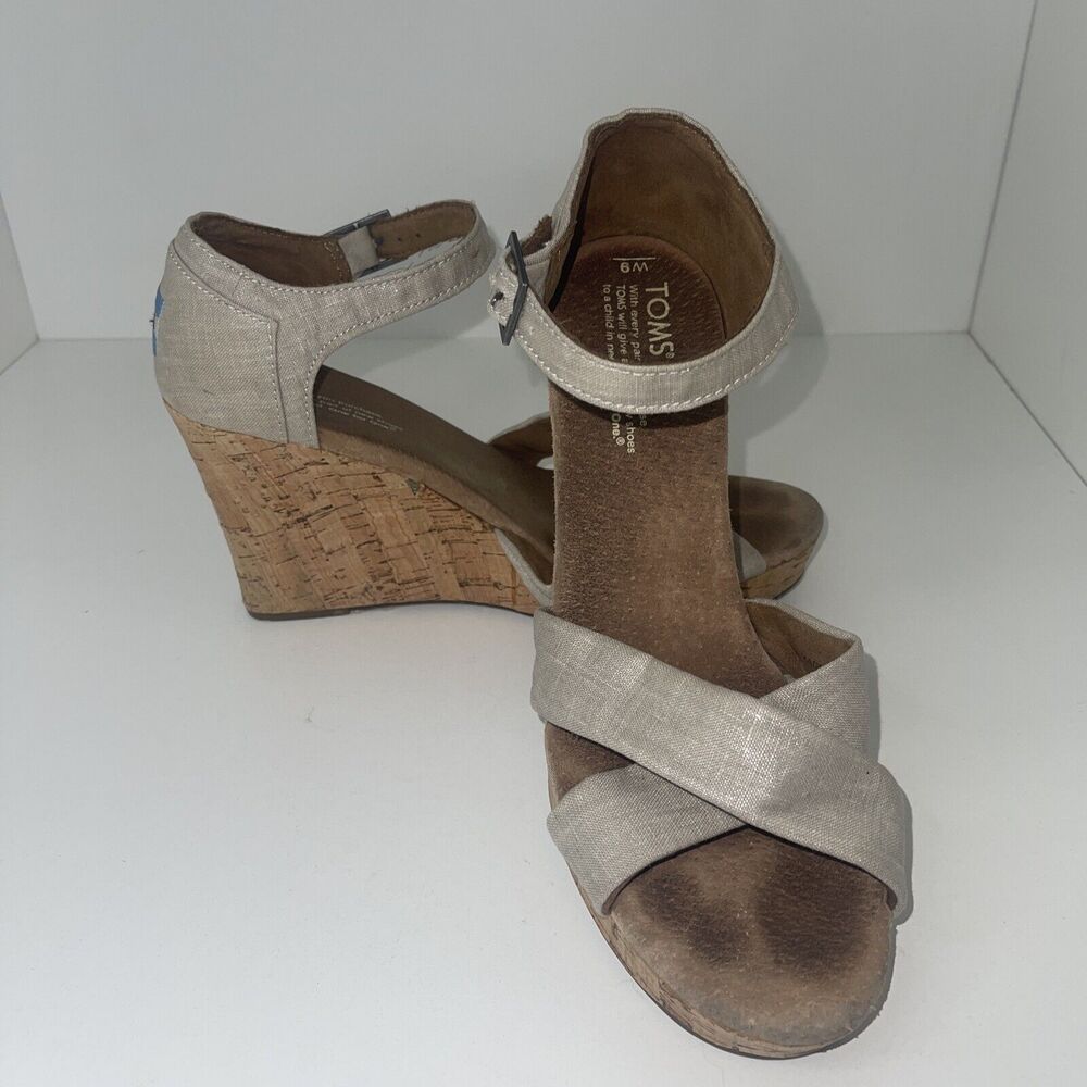 TOMS Sienna Cork Wedge Sandal Shoe Natural Beige Criss-Cross Open-Toe Size 9